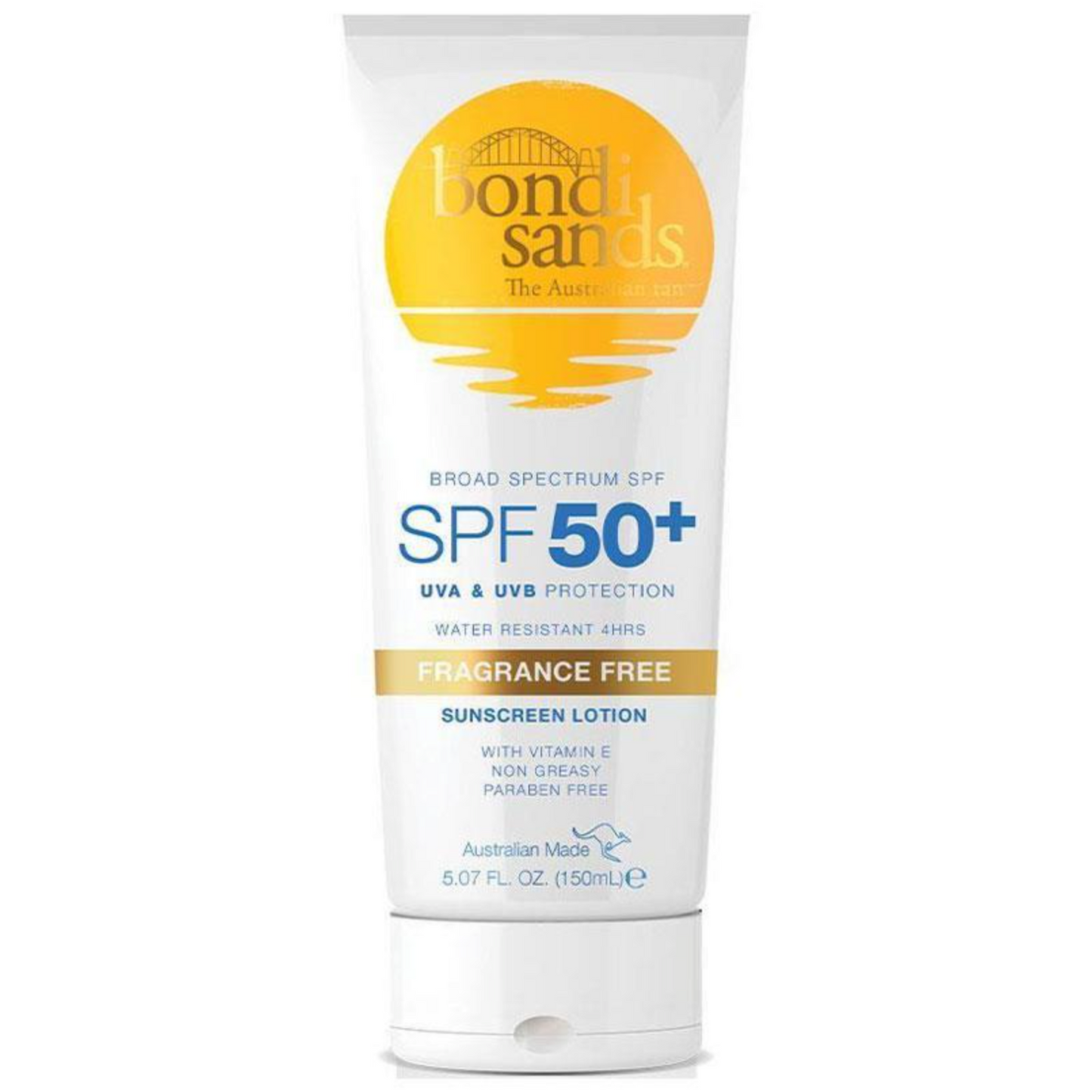 Bondi Sands SPF 50+ Sunscreen Lotion, fragrance-free 150ml tube, water-resistant for 4 hours, UVA & UVB protection, non-greasy.