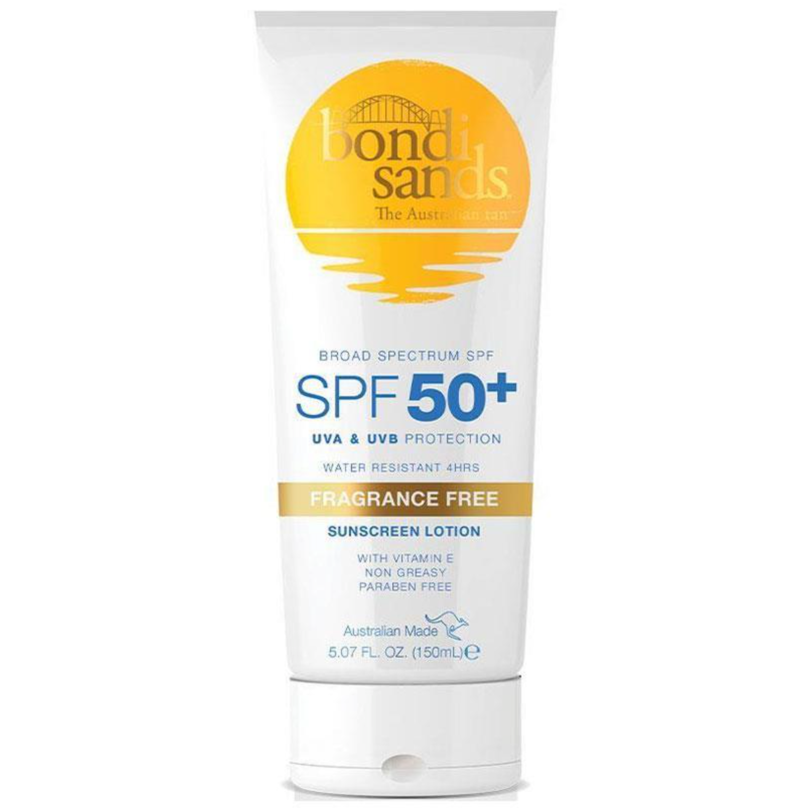 Bondi Sands SPF 50+ Sunscreen Lotion, fragrance-free 150ml tube, water-resistant for 4 hours, UVA & UVB protection, non-greasy.