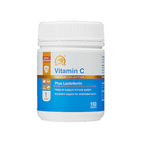 Vitamin C Plus Lactoferrin supplement bottle, 150 tablets for immune support, antioxidant protection, and gut health