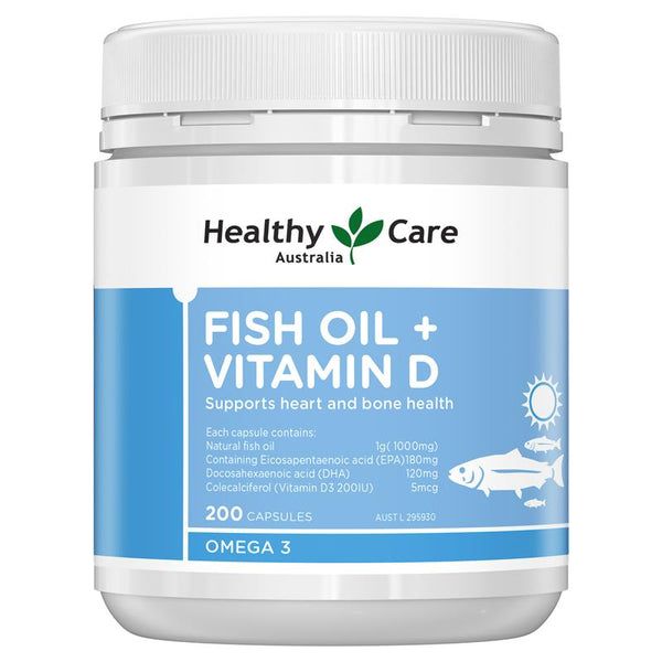 Healthy Care<br>Fish Oil + Vitamin D<br>澳洲 魚油+維生素D 膠囊 200粒