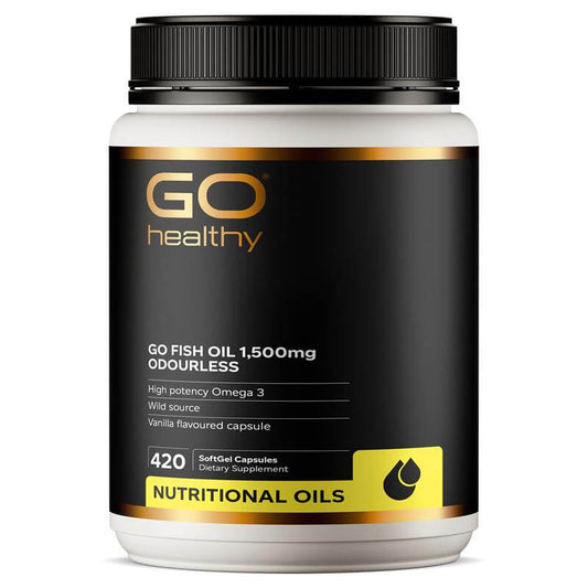 GO Healthy Fish Oil 1500mg supplement bottle, 420 softgel capsules with vanilla flavor, high potency Omega 3, odourless.